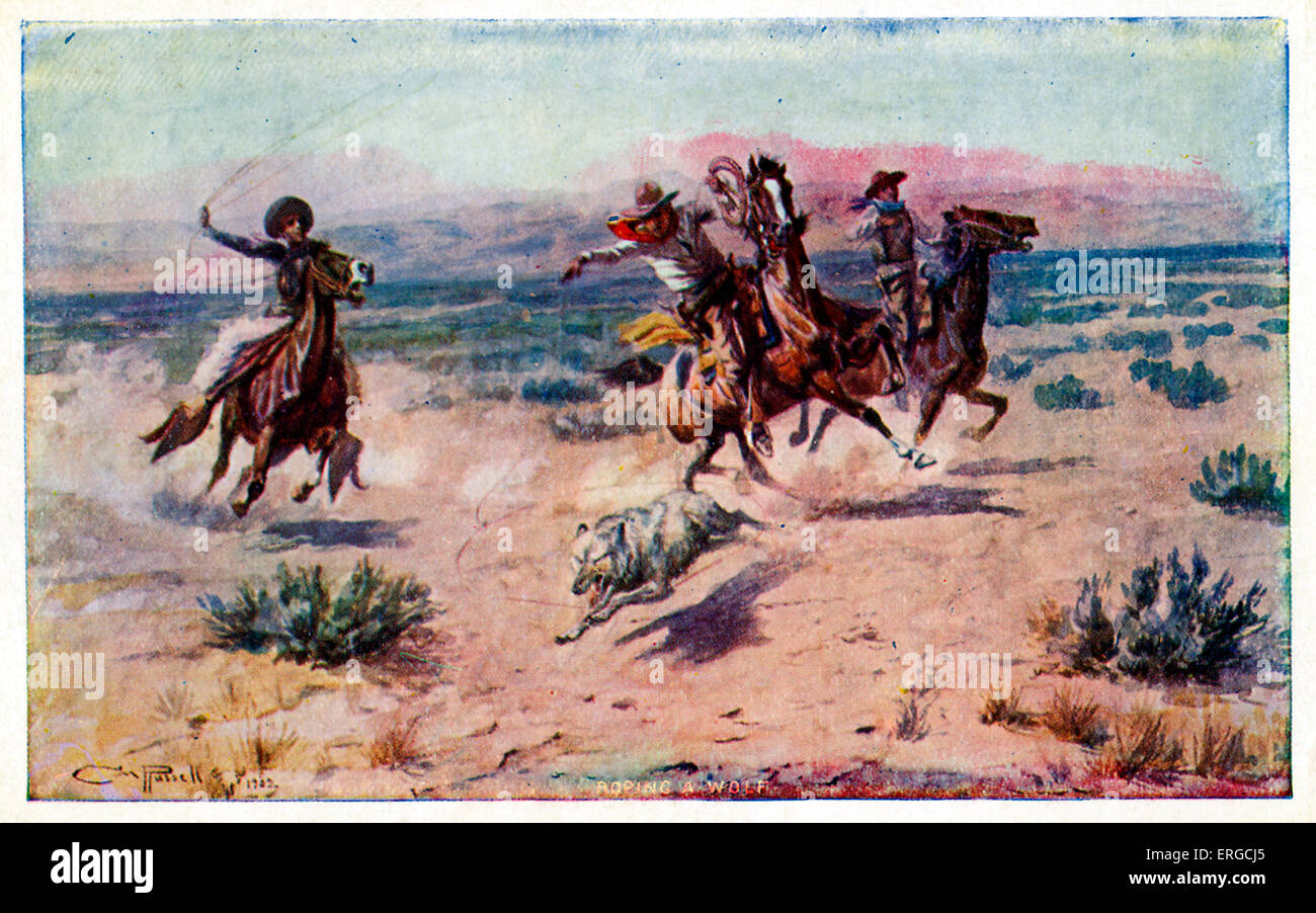 Cowboys auf dem Pferderücken Abseilen eines Wolfes. Gemalt von C.M. Russell, 1902. Herausgegeben von Ridgley Kalender Co., Montana. Stockfoto