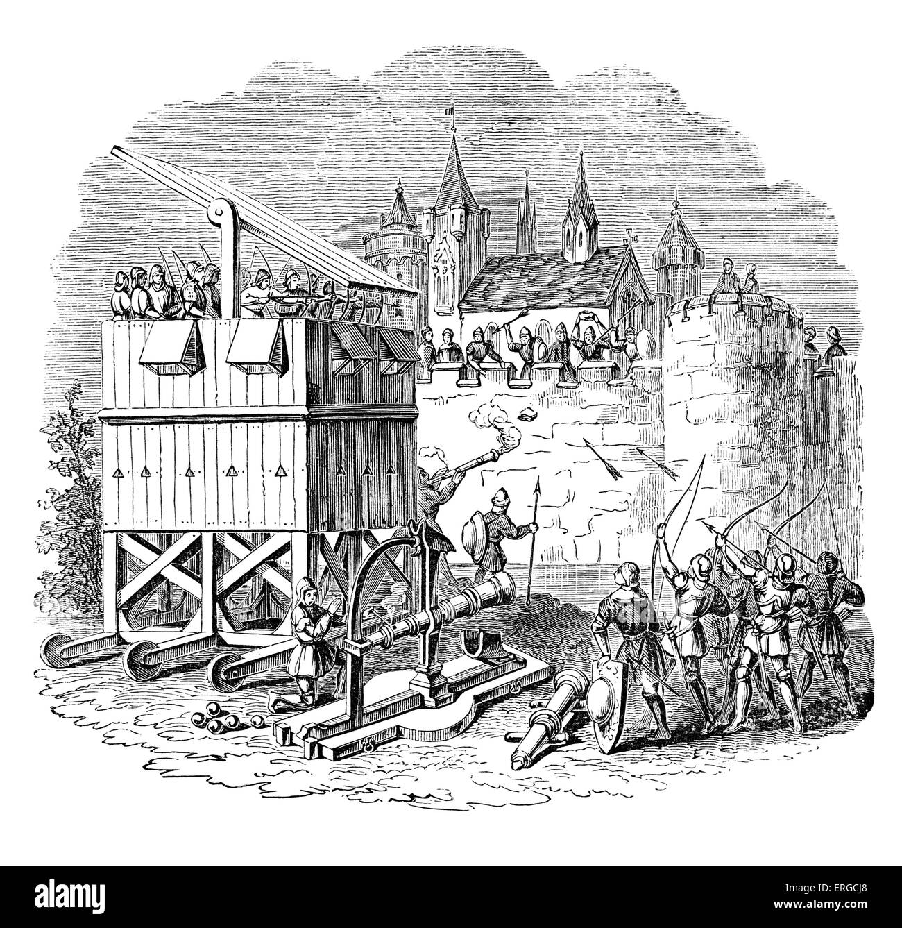 Bewegliche Turm der Bogenschützen, und Canon, vor einer Burgmauer. 14. Jahrhundert Stockfoto