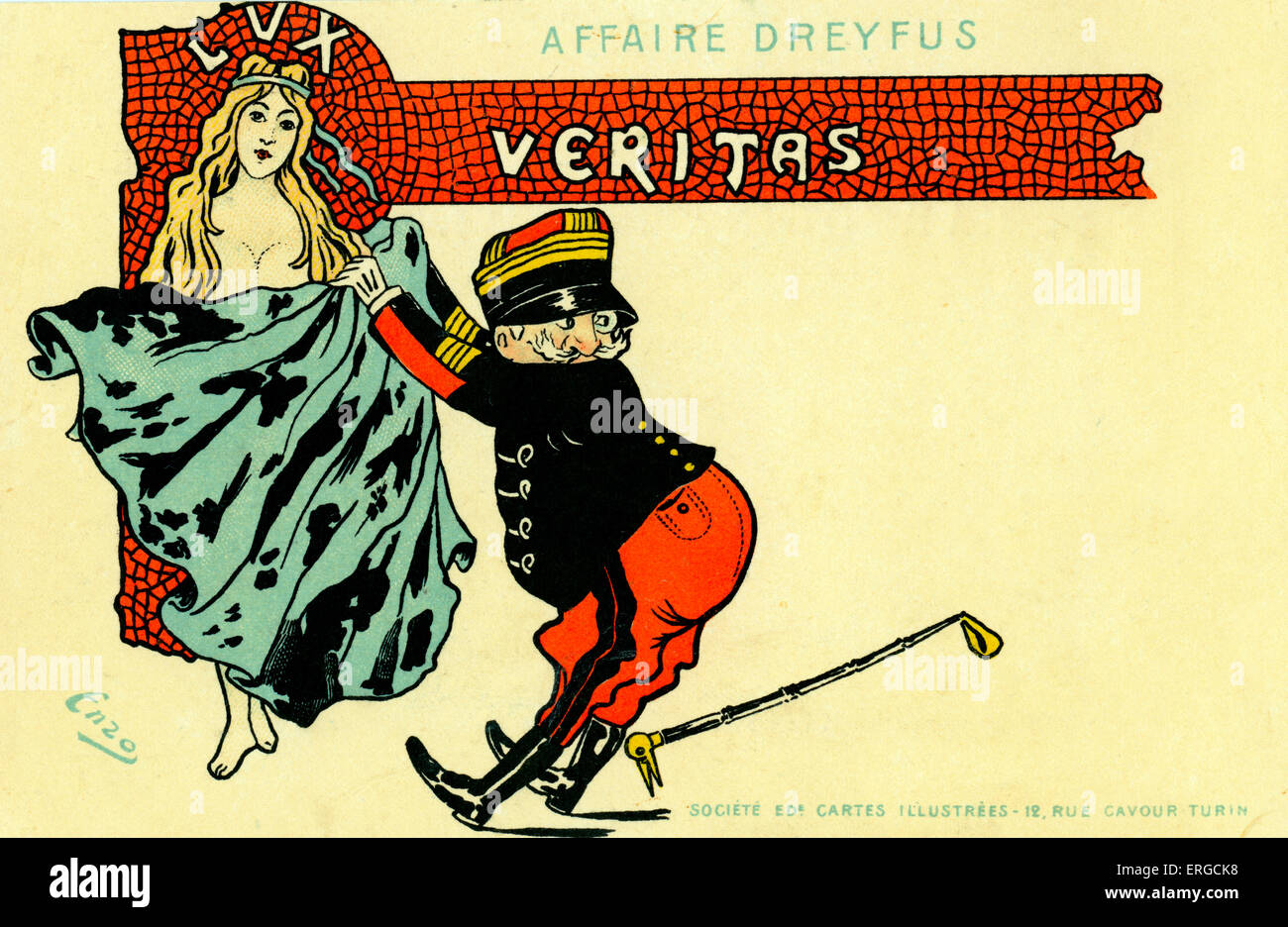 Dreyfus-Affäre - Cartoon. Ein Kommandeur der französischen Infanterie versucht zu vertuschen, "Lux Veritas" (das Licht der Wahrheit). Möglicherweise Stockfoto