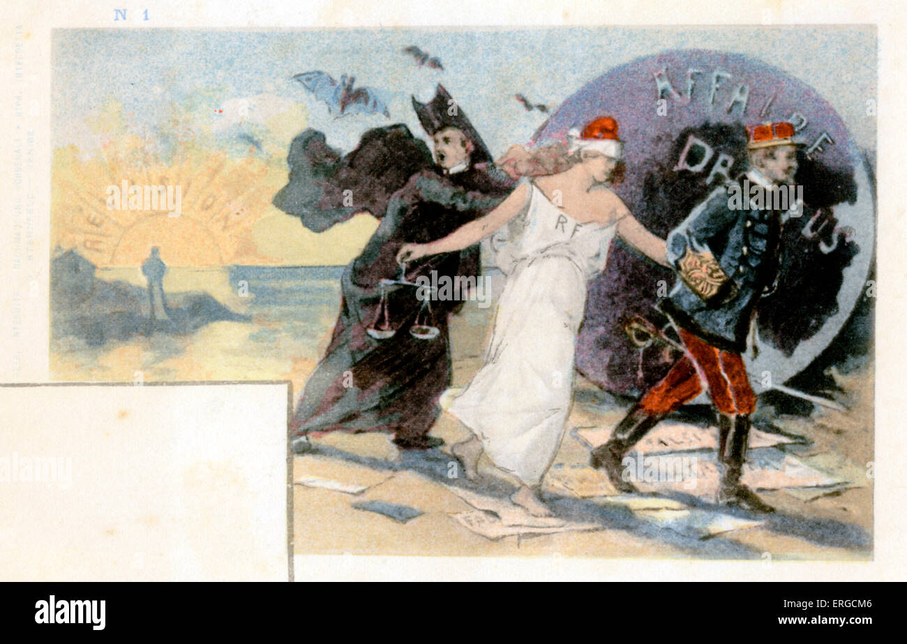 Die Dreyfus-Affäre - Cartoon. Hauptmann Alfred Dreyfus und ein Priester, ein bedrohlich aussehende Schild mit der Aufschrift "Dreyfus-Affäre" Gerechtigkeit Richtung zeigt. Stockfoto