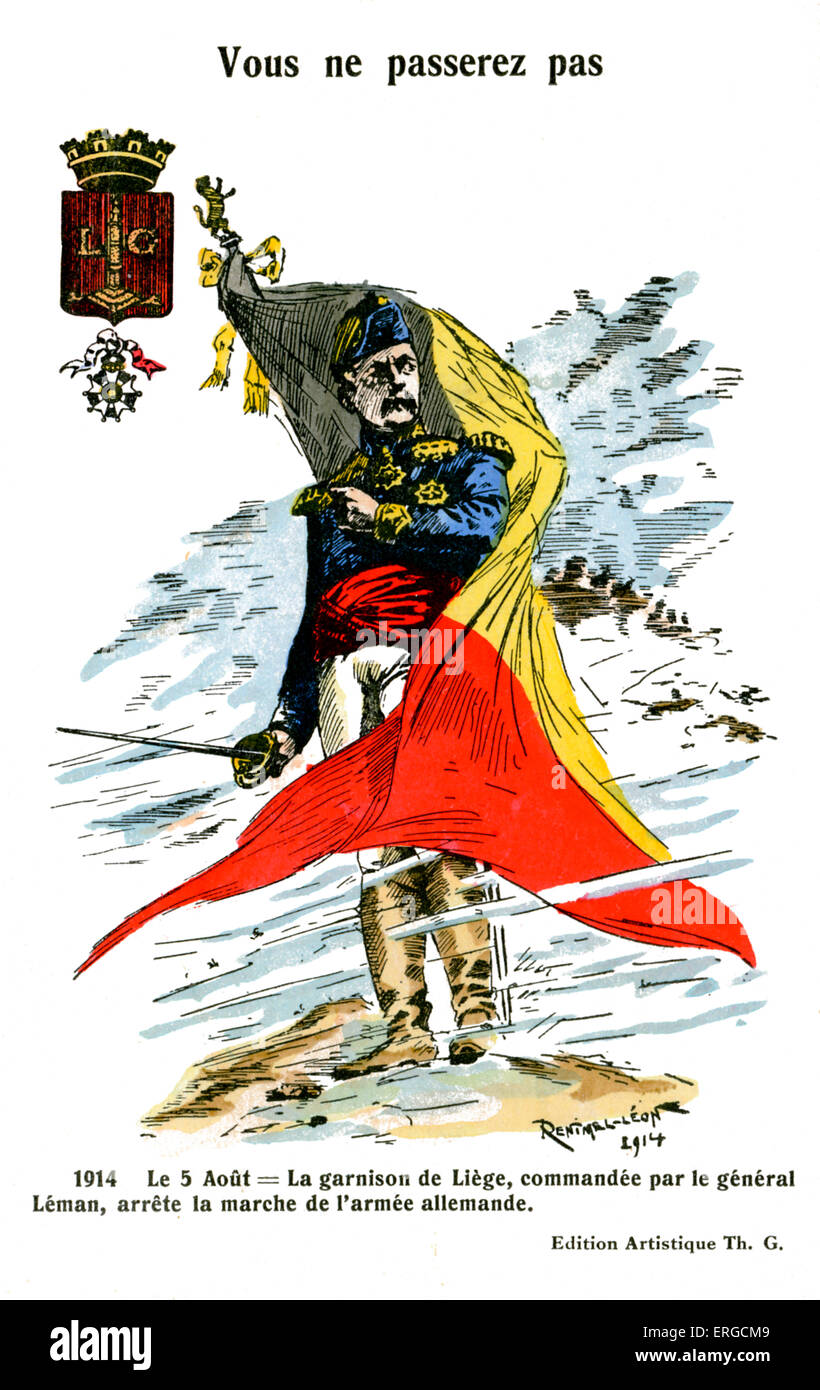 General Léman - Illustration, 1914. Zeigt den allgemeinen am 5. August 1914 führte seine Truppen gegen die deutsche Armee. Stockfoto