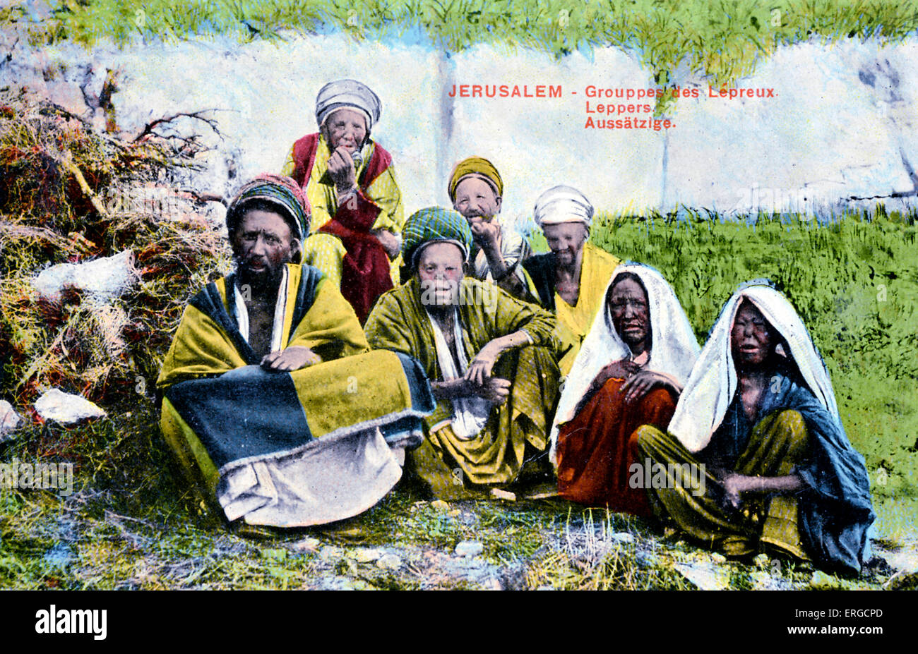 Gruppe von Aussätzigen in Jerusalem.  Postkarte aus dem frühen zwanzigsten Jahrhundert. Eine Infektionskrankheit bezeichnet in der Bibel (alt Stockfoto