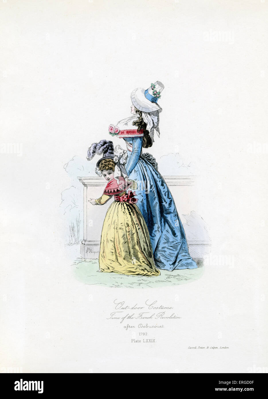 Outdoor-Kostüm während der französischen Revolution 1792 - vom Kupferstich von Polidor Pauquet nach Debucourt. Französische Revolution: Stockfoto