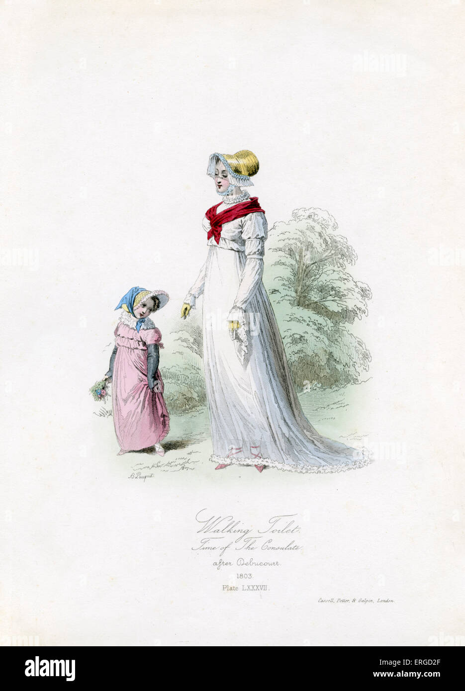 Kleidung in der Zeit des Konsulats, 1803 - vom Kupferstich von Hippolyte Pauquet nach Debucourt wandern. Das Konsulat Stockfoto