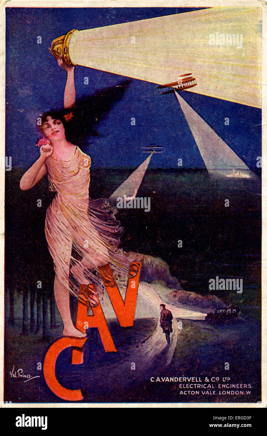 Englische Werbung für C. A. Vandervell. Zeigt Frau hält eine Licht, die hat einen sehr starken Strahl. Idealisierte weiblich Stockfoto