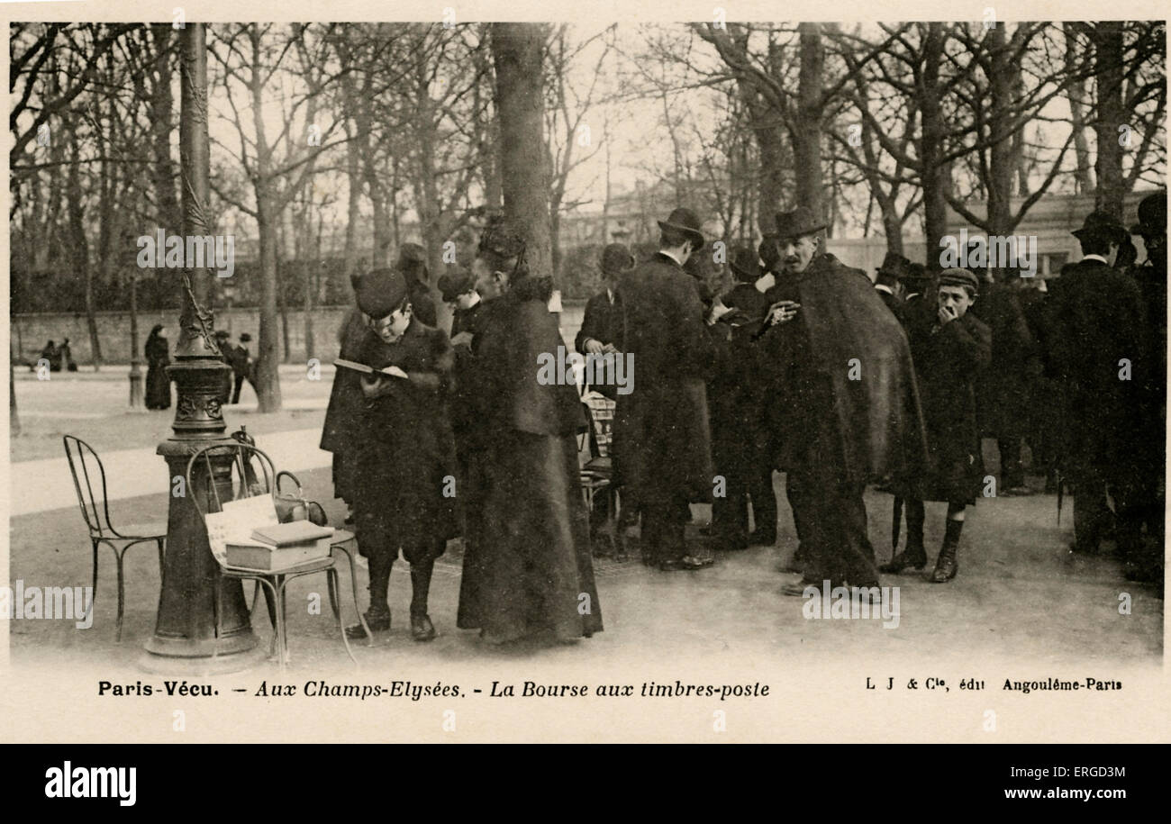 Freimarke Austausch, Champs - Elysées, Paris ("La Bourse Aux Timbres-Poste"). Anfang des 20. Jahrhunderts. Teil des 'Paris - Vécu' Stockfoto