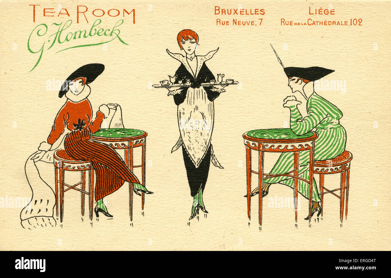 Belgische Werbung für G. Hombeck Tea Rooms. Wirbt für zwei Teestuben, eins in Brüssel (7 Rue Neuve) und eine in Lüttich (102 Stockfoto