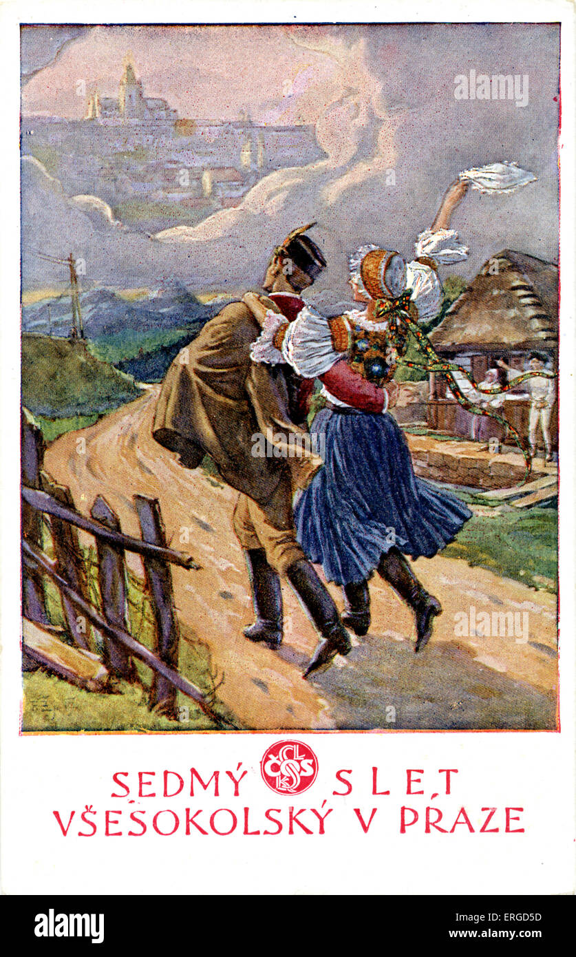 Tschechische Werbung für 7. Sokol Slet, 1920. Sokol ist eine Jugendbewegung Sport und Gymnastik. Zeigt eine junge tschechische paar auf Stockfoto