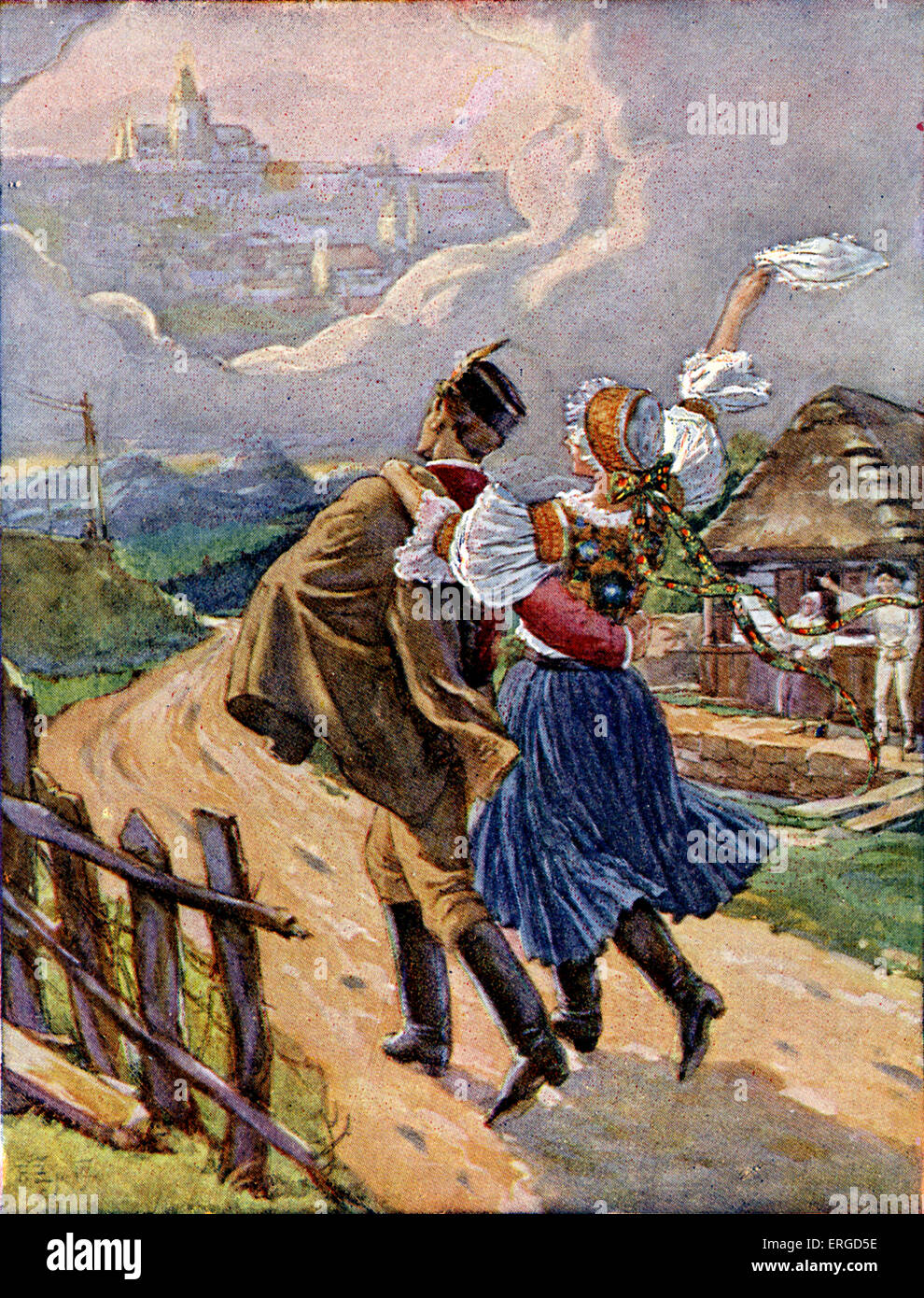 Junge tschechische paar in Tracht, c.1920. Tanzen auf der Dorfstraße nach Prag, in der Ferne. Stockfoto