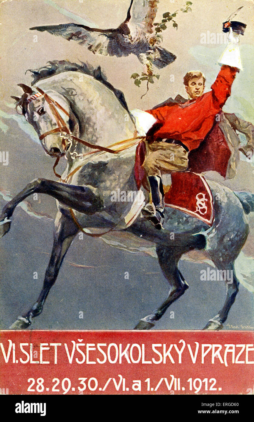 Tschechische Werbung für 6. Sokol Slet, 1912. Sokol ist eine Jugendbewegung Sport und Gymnastik. Zeigt einen jungen Mann auf einem Pferd Stockfoto