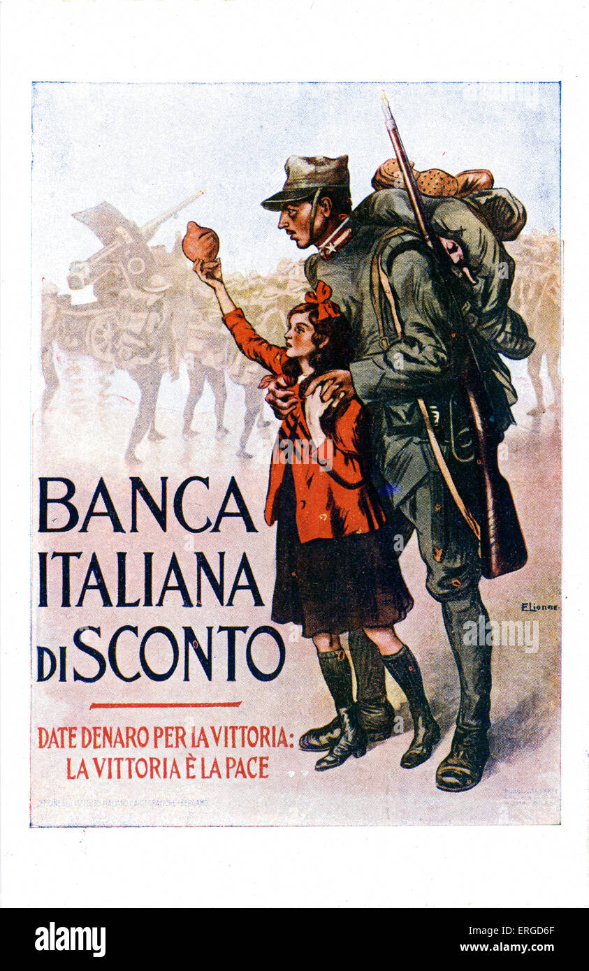Italienischen ersten Weltkrieg Werbung für Kriegsanleihen. Zeigt ein italienischer Soldat und ein junges Mädchen hält ein Sparschwein. Beschriftung Stockfoto