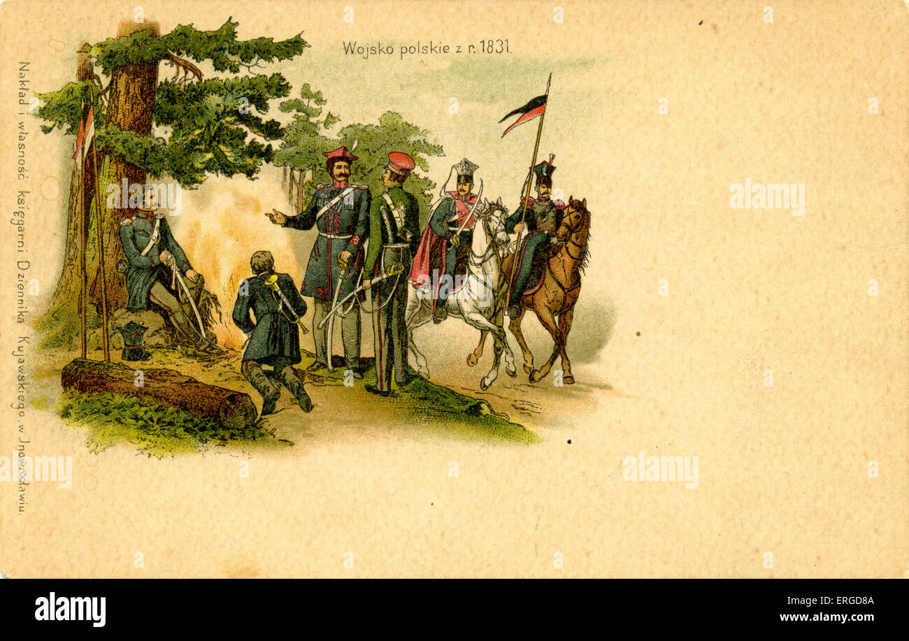 Polnische Armee, 1831. Zeigt Kavallerie auf dem Rücken der Pferde und Soldaten sitzen um ein Feuer. Mögliche Verbindung mit dem polnisch-russischen Krieg und Stockfoto
