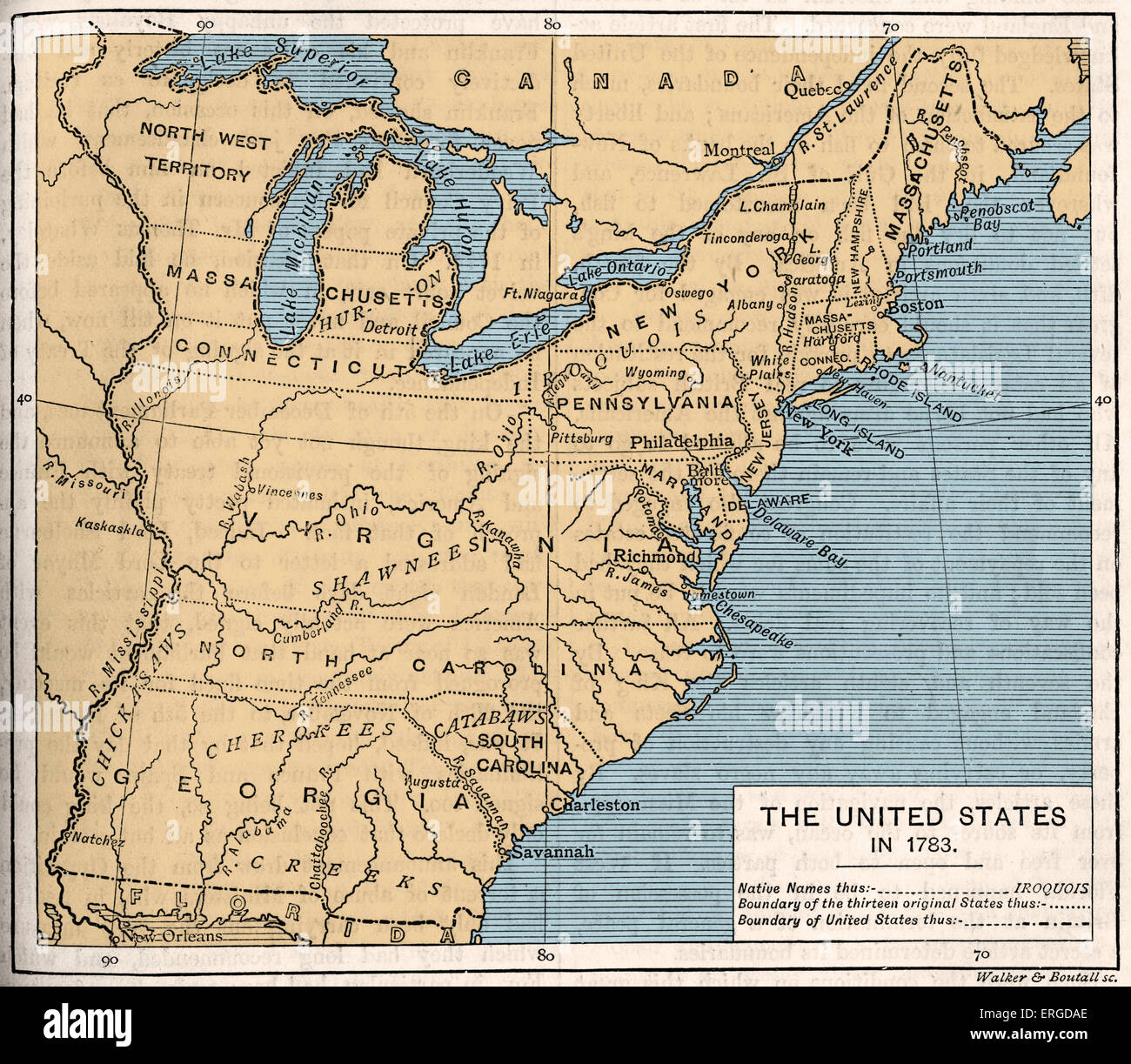Karte von USA nach der Unabhängigkeit, 1783. Dreizehn Gründungsmitgliedern, nationale Grenze und 