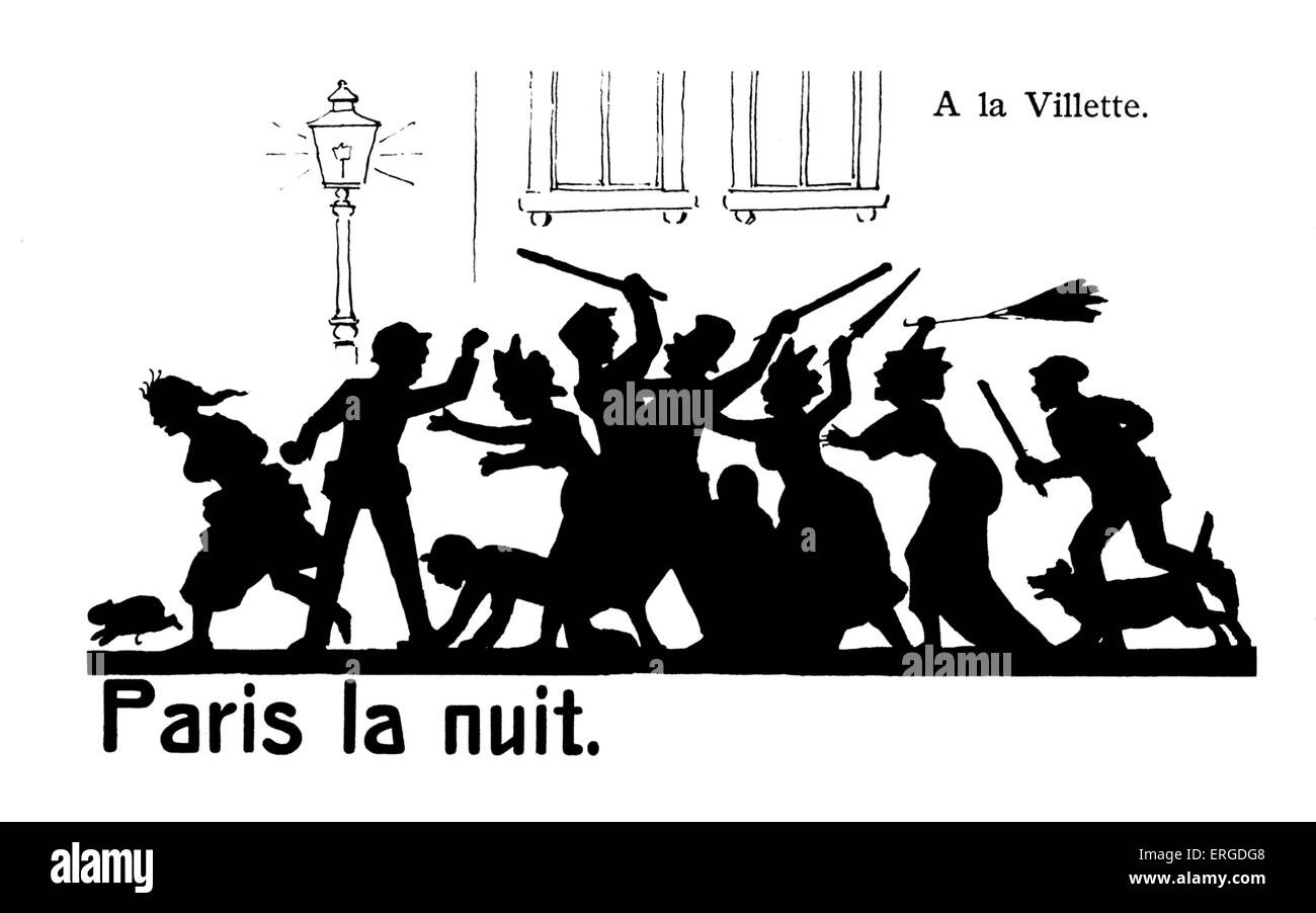 Paris bei Nacht ("Paris la Nuit), um 1900. Eine Schlägerei an Vilette.  Silhouette. Stockfoto