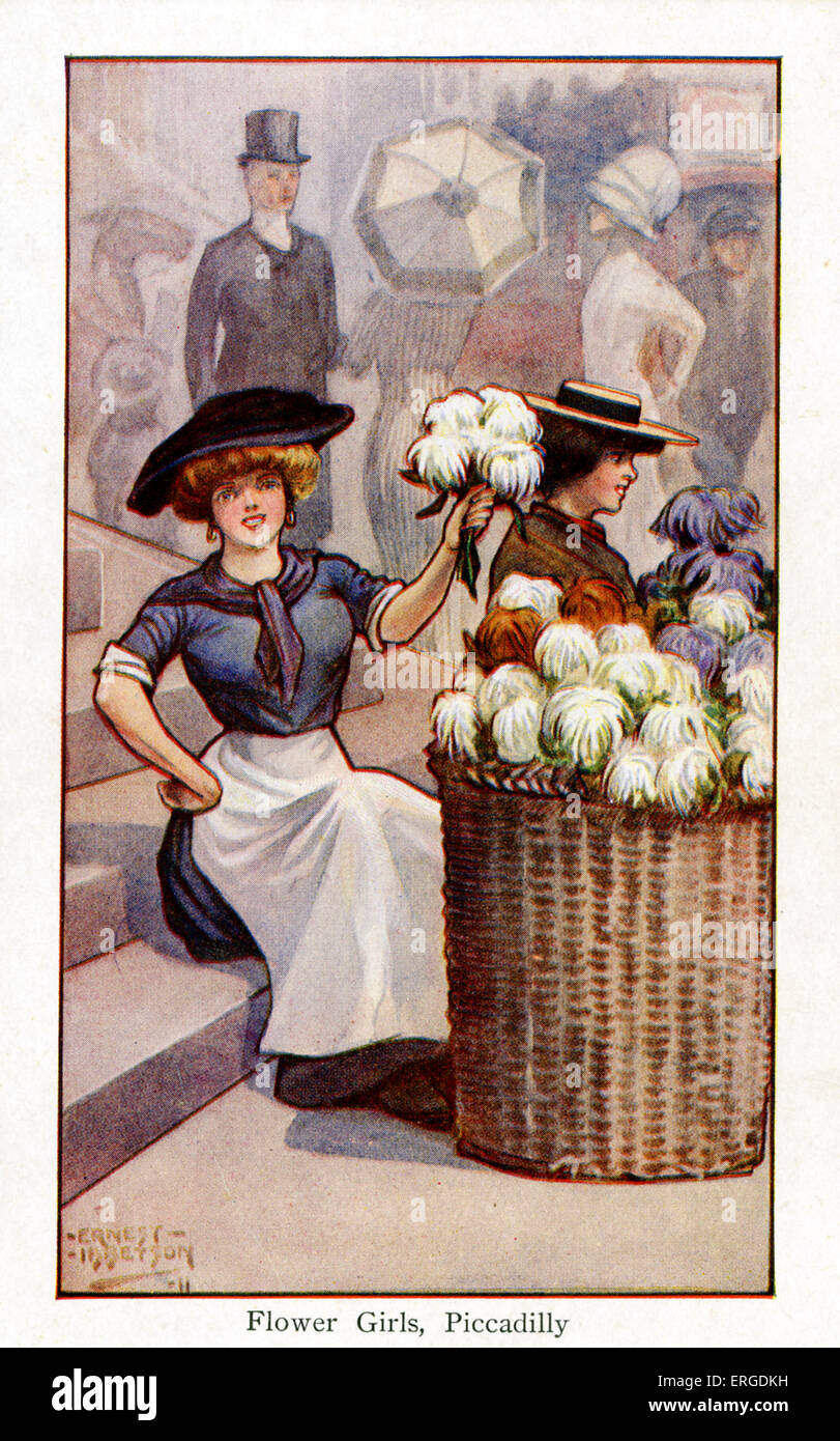 Blume-Verkäufer am Werk, Piccadilly, London. Illustration von Ernest Ibbetson, britische Künstlerin: 1877-1959. Stockfoto