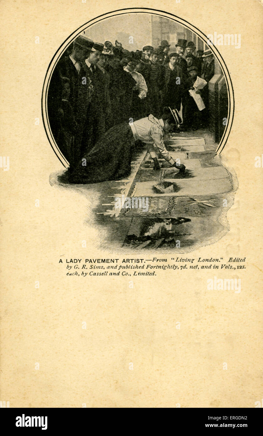 Ein Pflaster-Künstlerin bei der Arbeit, London. Zeigt Bürgersteig Künstler arbeiten auf ihre Kunst, während andere zusehen. Stockfoto