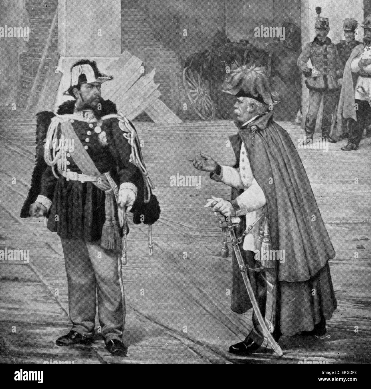 Victor Emmanuel und Graf Radetzky Sitzung der 24. März 1849 auf dem Gehöft von Vignale, Piemont, Italien. Nach dem Lackieren von Stockfoto