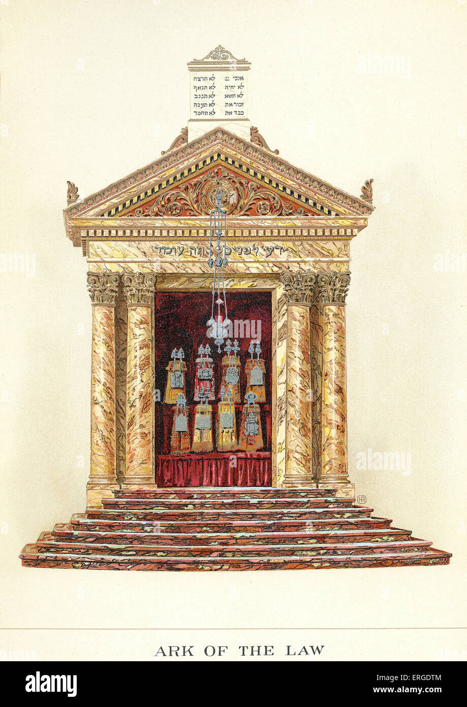 Arche des Gesetzes - mit Schriftrollen der Thora im Inneren. Aus Abbildung um 1900. Stockfoto