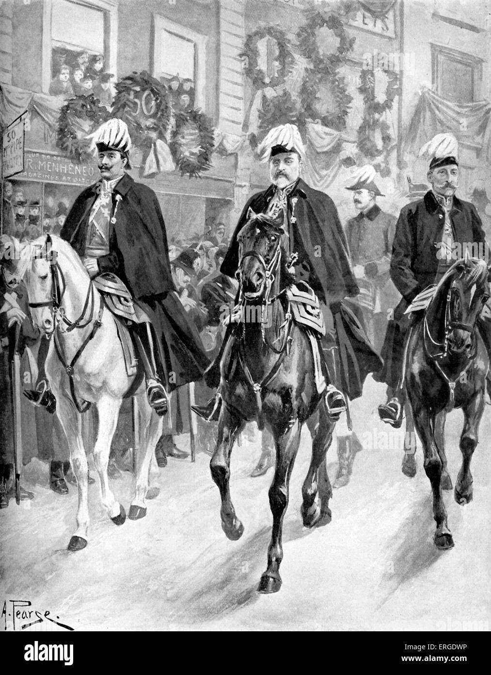 Edward VII in Königin Victorias Trauerzug, 2. Februar 1901 - von Illustration von A. Pearse. Zu seiner linken, Duke of Connaught, verließ zu seinem der deutsche Kaiser, Wilhelm II. QV: Monarch des Vereinigten Königreichs von Großbritannien und Irland von 20. Juni 1837 bis zu ihrem Tod und Kaiserin von Indien, 24. Mai 1819 – 22. Januar 1901. EVII: König des Vereinigten Königreichs und der britischen Besitzungen und Kaiser von Indien vom 22. Januar 1901 bis zu seinem Tod, 9. November 1841 – 6. Mai 1910. Stockfoto