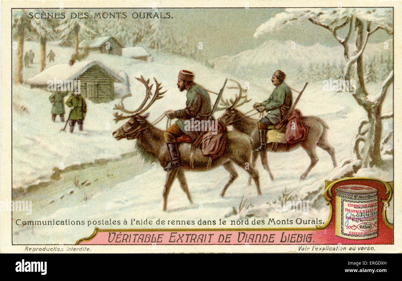 Postal Service mit Rentier im nördlichen Ural, 1914.  Liebig-Sammelkarten-Serie: Szenen aus der Stockfoto