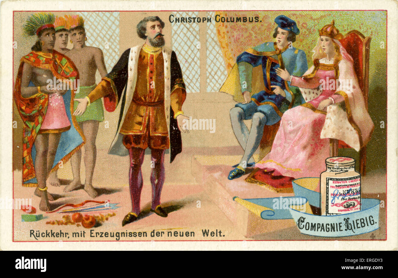 Christopher Columbus präsentiert seine Entdeckungen aus der neuen Welt. Er kehrte nach Spanien zurück, von seiner ersten Reise nach Amerika in Stockfoto