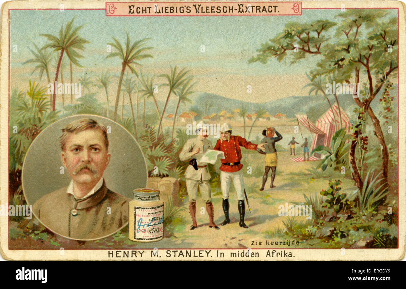 Henry M. Stanley in Zentralafrika. 9 - 1521. Veröffentlicht im Jahr 1891. Liebig Company Reihe von niederländischen Sammelkarten zeigen berühmte Stockfoto