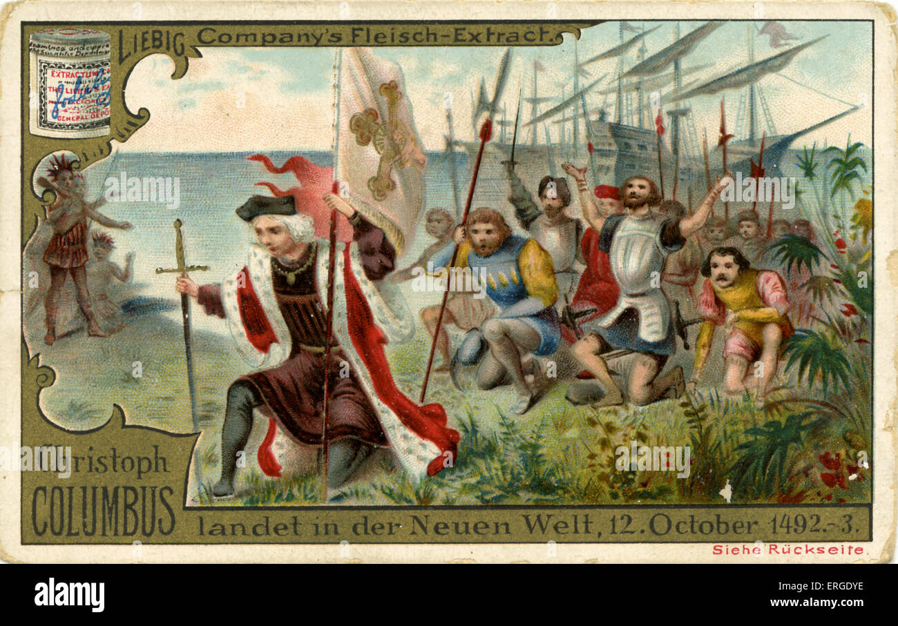 Christopher Columbus kommt in der neuen Welt 12 Oktober 1492. 1892 veröffentlichte.   Liebig Company Sammelkarten-Serie: Stockfoto