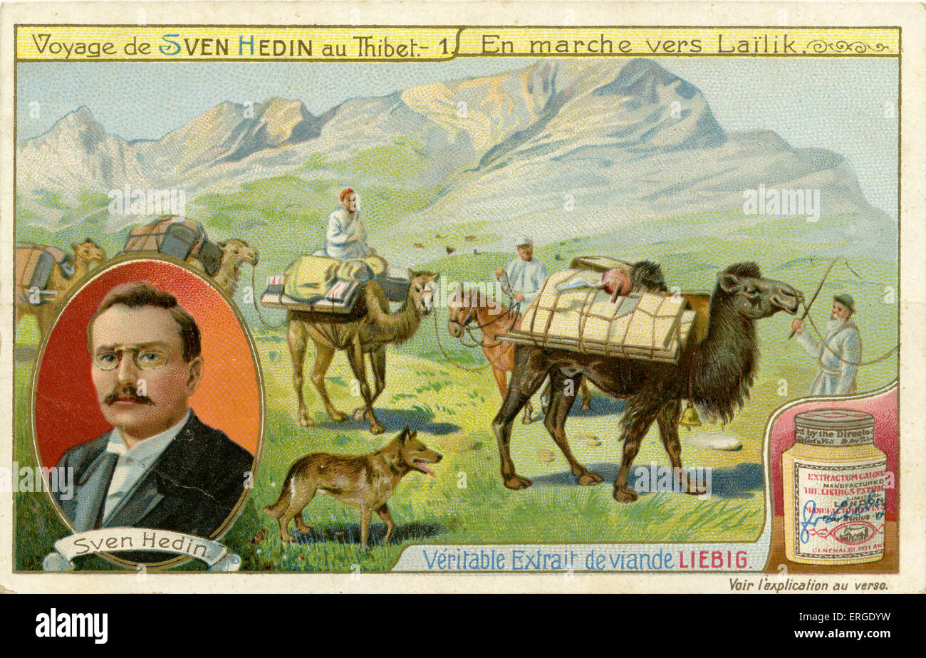 Sven Hedins Reise nach Tibet - zu Fuß zu Lailik, 1899. Liebig Company Sammelkarten Serie in französischer Sprache. 1908 veröffentlichte. Karte Nr. 1. SH: Schwedischer Geograph und Entdecker. 19. Februar 1865 – 26. November 1952. Stockfoto