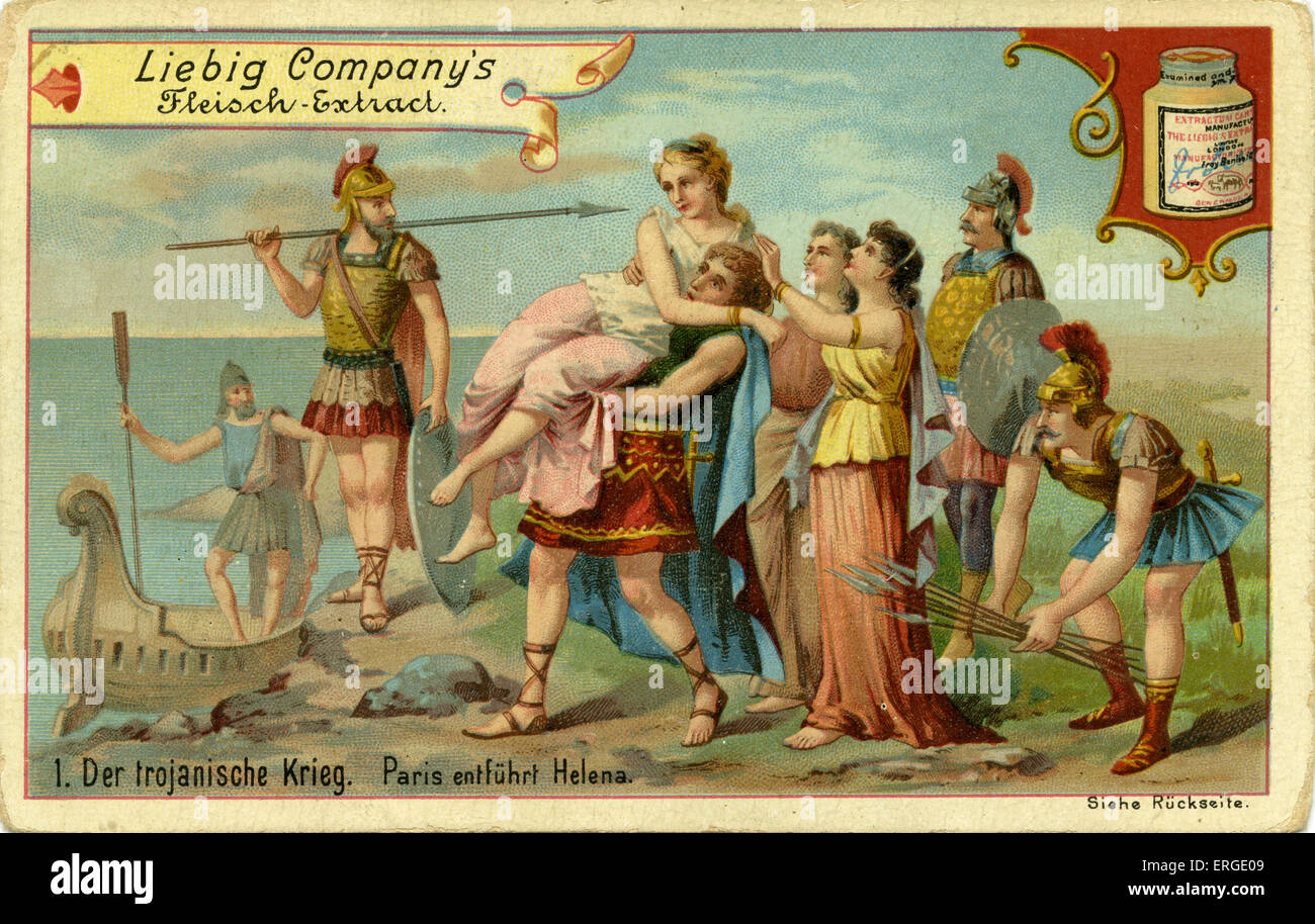 Die Trojanischen Kriege: Paris entführt Helena - Liebig Company Sammelkarten-Serie: der Trojanische Krieg (Deutsch: "Der vor Stockfoto