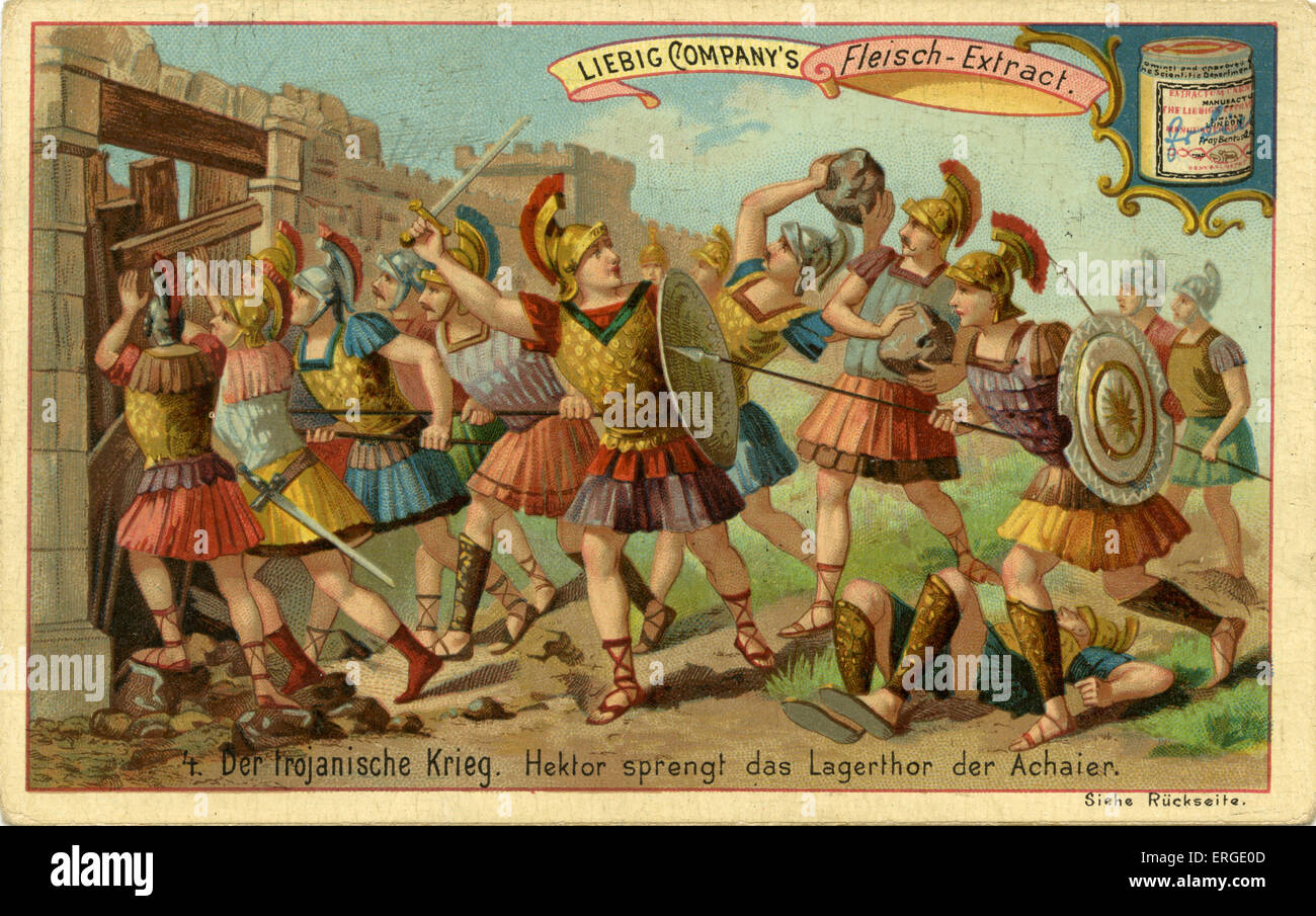 Die Trojanischen Kriege: Hector bricht durch das Haupttor der Achäer Liebig Company Sammelkarten-Serie: der Trojanische Krieg Stockfoto