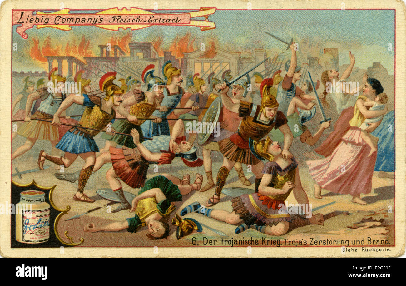 Die Trojanischen Kriege: Troys Zerstörung und Feuer - f Liebig Firma Sammler-card Serie: der Trojanische Krieg (Deutsch: "Der Stockfoto
