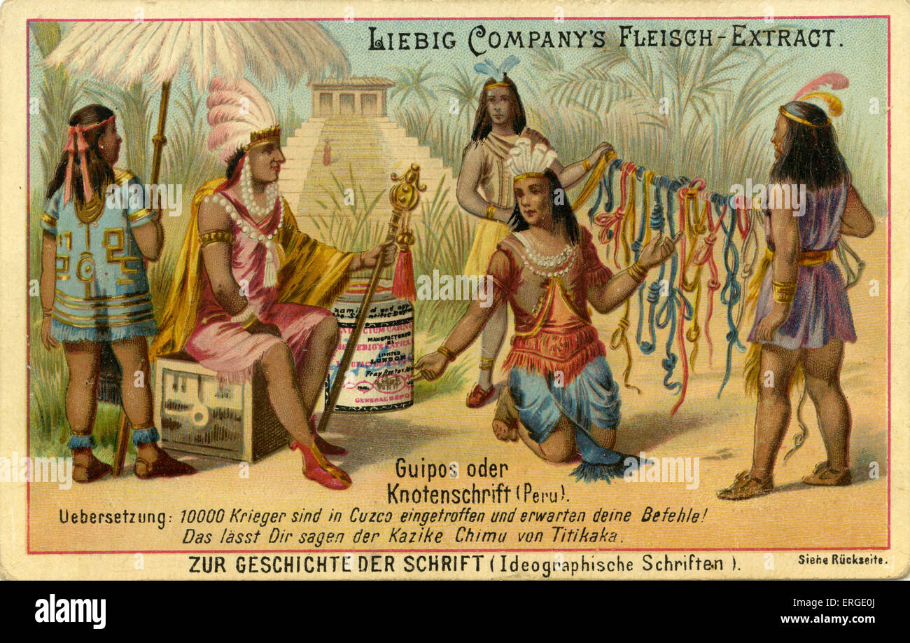 Die Geschichte des Schreibens ("Zur Geschichte der Schrift") - ideographisches Schreiben. 1892 veröffentlichte. Inka verknotete Nachrichten (Quipus) in Stockfoto