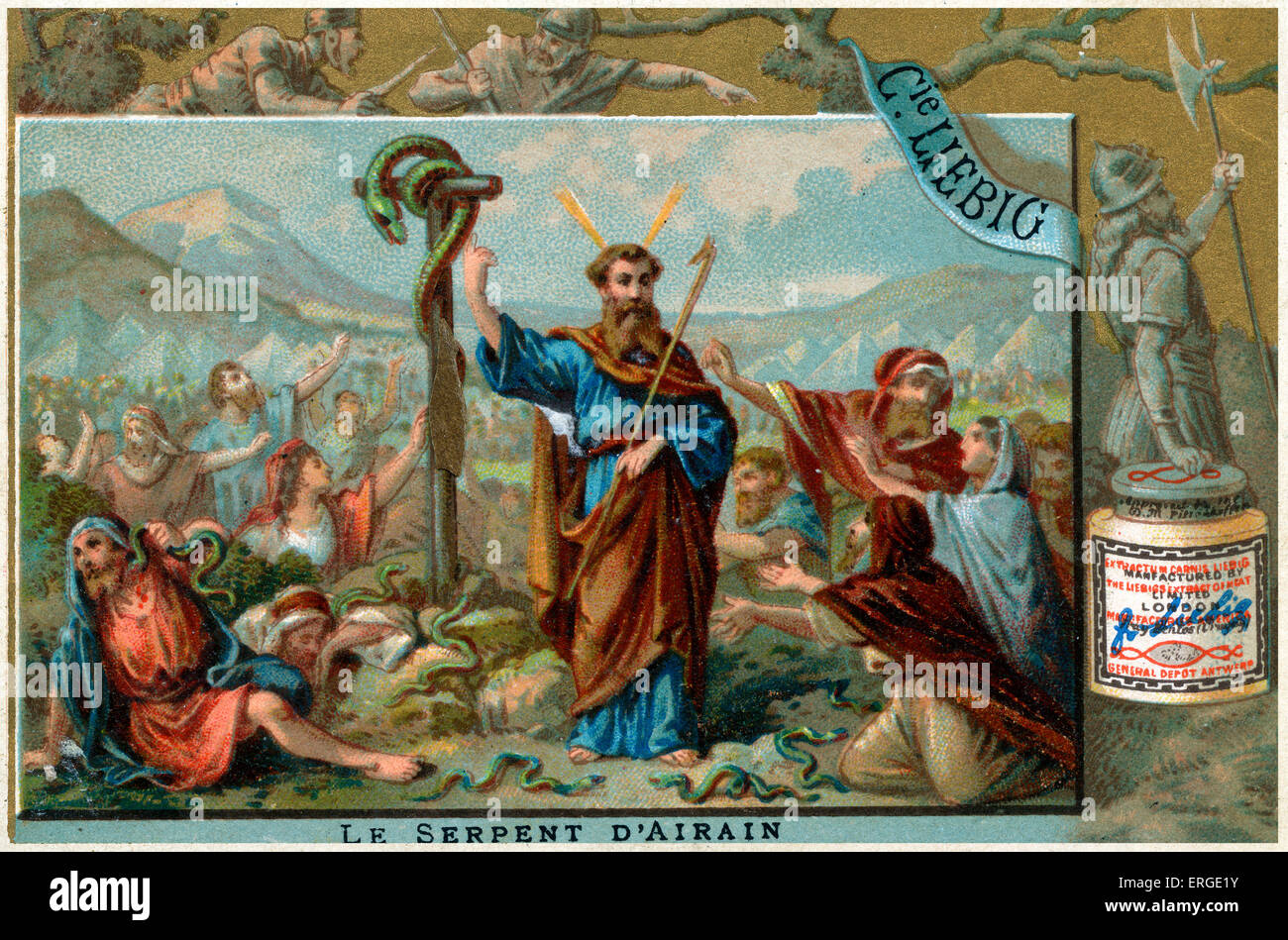 Die eherne Schlange - nach dem Tod von Aaron Moses die Kinder Israels beschwert. Gott sandte Schlangen, die ihnen etwas. Moses Stockfoto