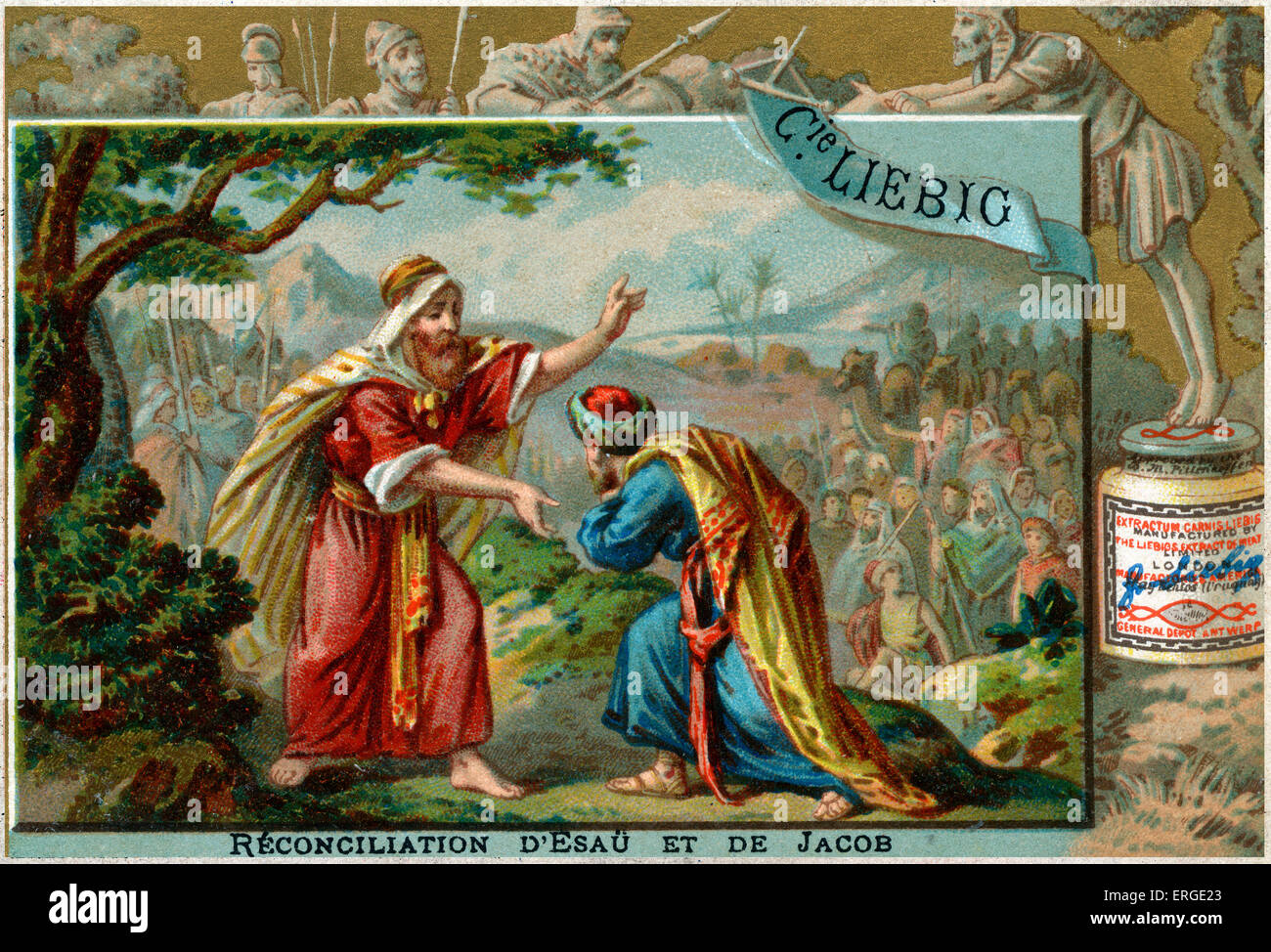 Vereinbarkeit von Esau und Jakob. Genesis 32-33. Liebig-Card-Serie. Stockfoto