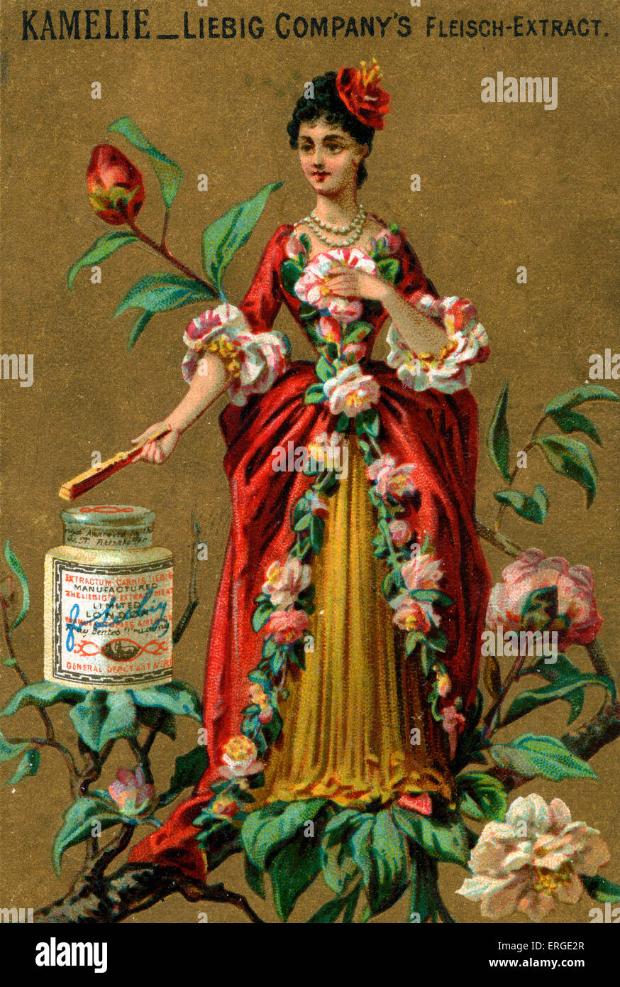 Kamelie personifiziert. Junge Dame mit Kamelien geschmückt. Sie steht auf einem Zweig. Liebig-Card-Serie (1888). Stockfoto