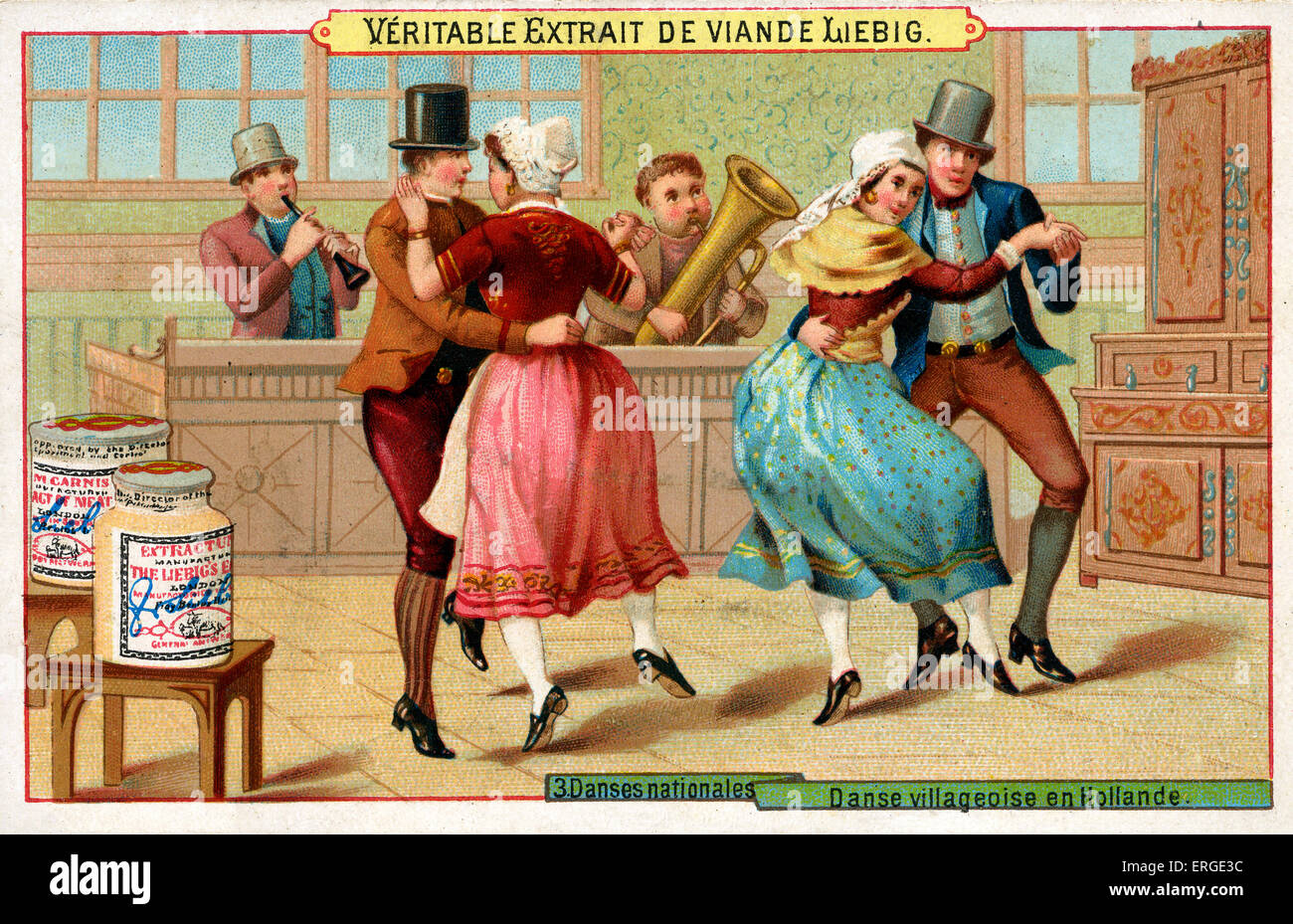 Niederländische Dorfbewohner Tanz. Bildunterschrift lautet: "Danse Villageoise En Hollande". Liebig-Card-Serie: Danses Nationales (1889). Stockfoto