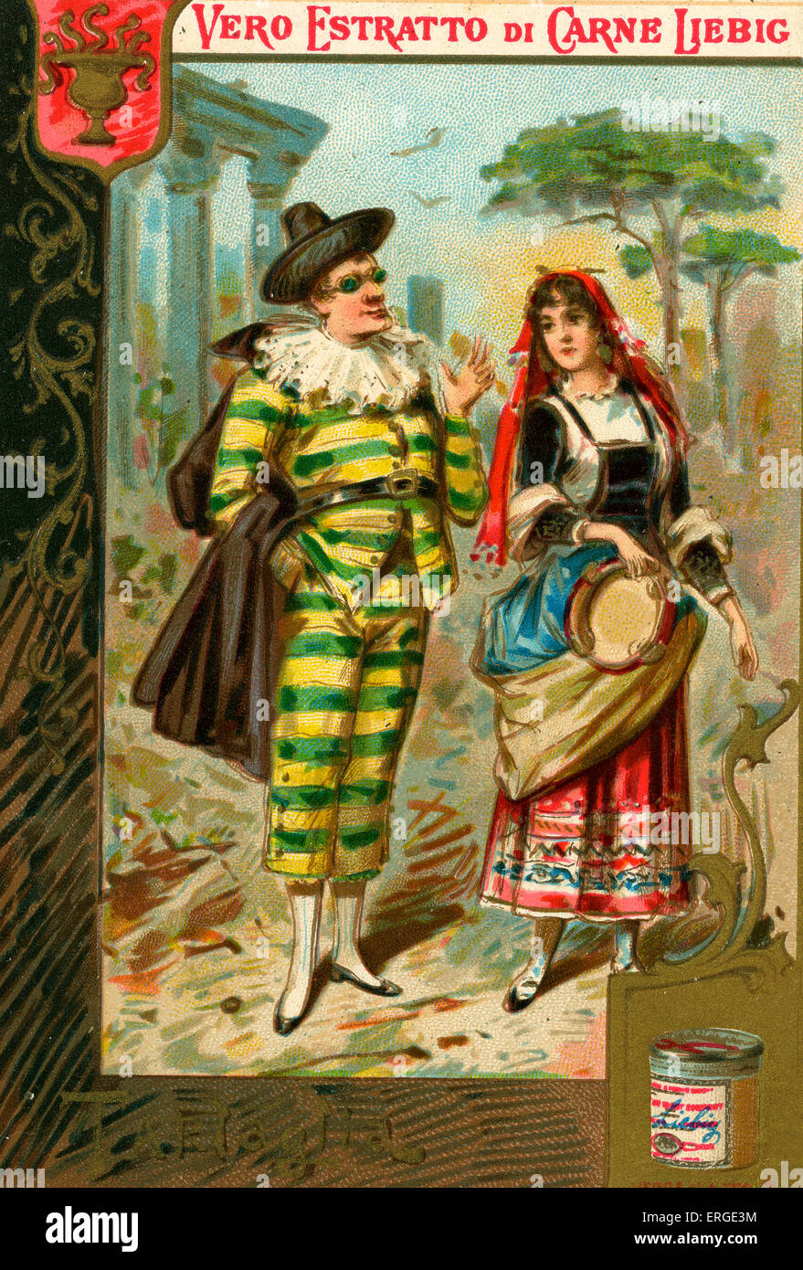 Tartaglia, eine Figur aus der italienischen Commedia dell. Liebig-Card-Serie (1888). Stockfoto