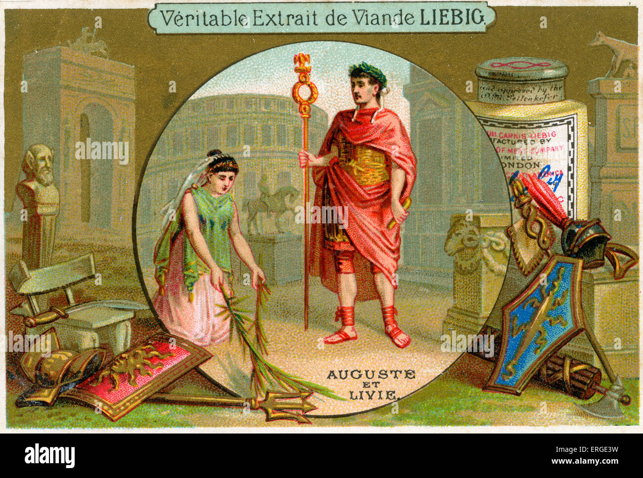 Livia, Roman Empress und dritte Ehefrau von Kaiser Augustus. Bildunterschrift lautet: "Auguste et Livie". Liebig-Card-Serie (1889). Stockfoto