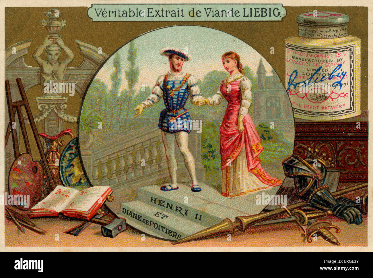 Heinrich II. von Frankreich (1519-1559) und Diane von Poitiers (1499 – 1566) Untertitel liest: "Henri II et Diane de Poitiers. Liebig-Karte Stockfoto