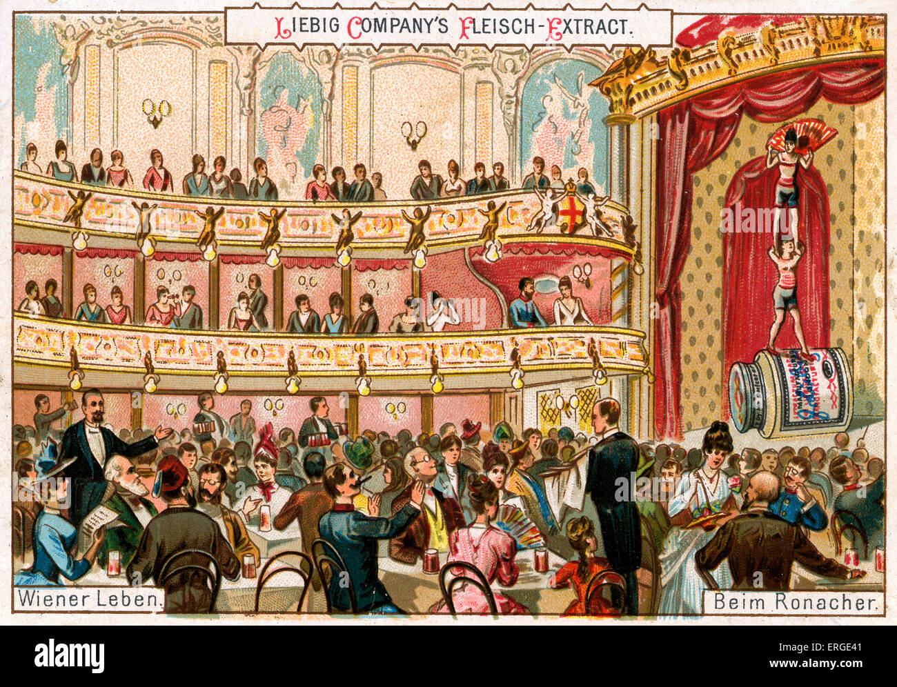 Das Ronacher Theater. Bildunterschrift lautet: "Beim Ronacher". 19. Jahrhundert-Spektakel im Ronacher Theater in Wien. Liebig Stockfoto