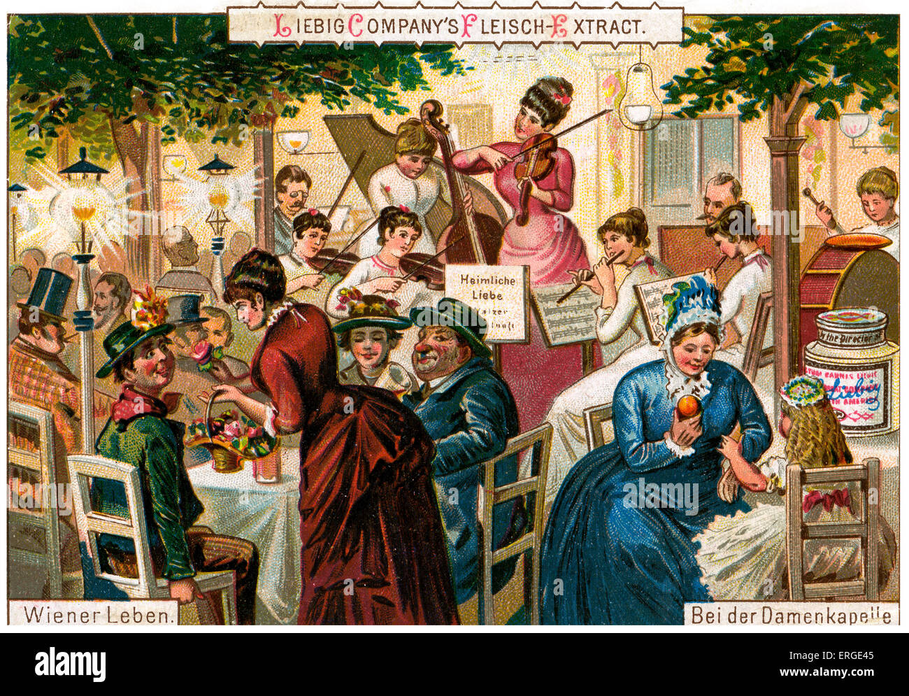 Wien - Bei der Damenkapelle. Ladies musikalische Umrahmung eine Outdoor-Location in Wien. Des 19. Jahrhunderts. Liebig-Karte Stockfoto