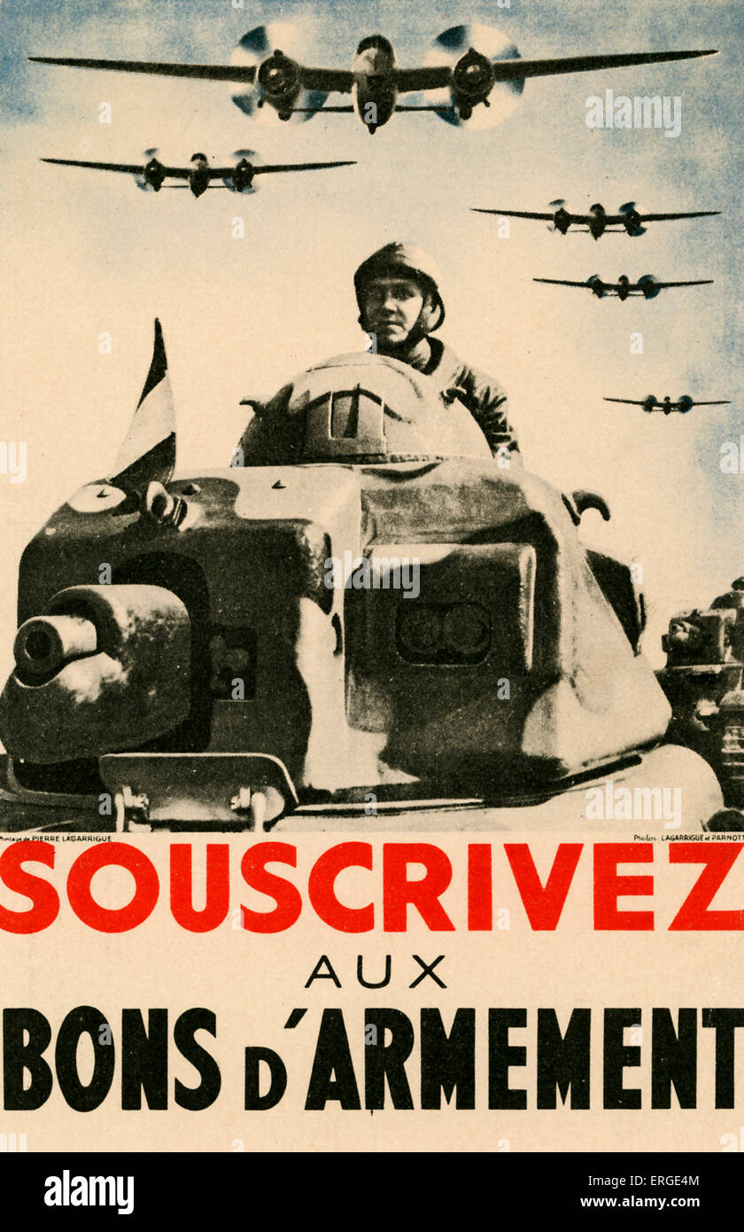 Bewaffnung Anleihen - 2. Weltkrieg französische Postkarte. Bildunterschrift: "Souscrivez Aux Bons d'armement" ("Bewaffnung Gutscheine kaufen").  Zeigt tank Stockfoto
