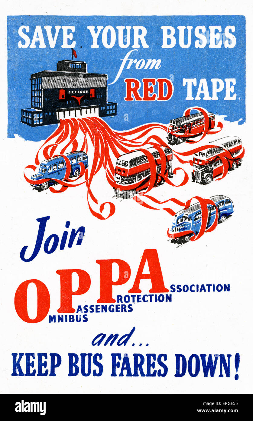 Omnibus Passagiere Protection Association (OPPA) - Kampagne Anzeige, 1950er Jahre. Kampagne gegen Verstaatlichung der Busse im Königreich. Stockfoto