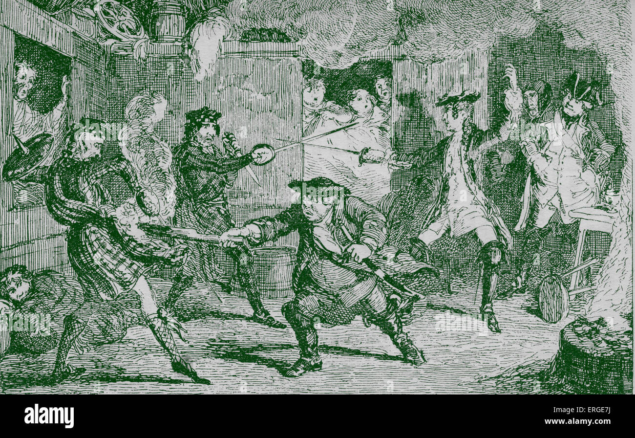 Rob Roy von Sir Walter Scott. Bildunterschrift: Kampf in Jeanie MacAlpines Gastwirtschaft. Zuerst veröffentlicht 1817.  RR: Robert Roy Stockfoto