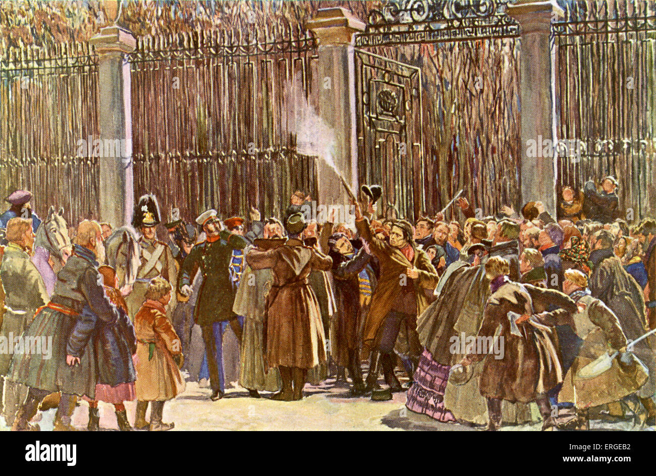 Dmitry Karakozovs Attentats auf Zar Alexander II. in St. Petersburg, 4. April 1866. Illustration von A. Kardowskij. Schon früh Stockfoto