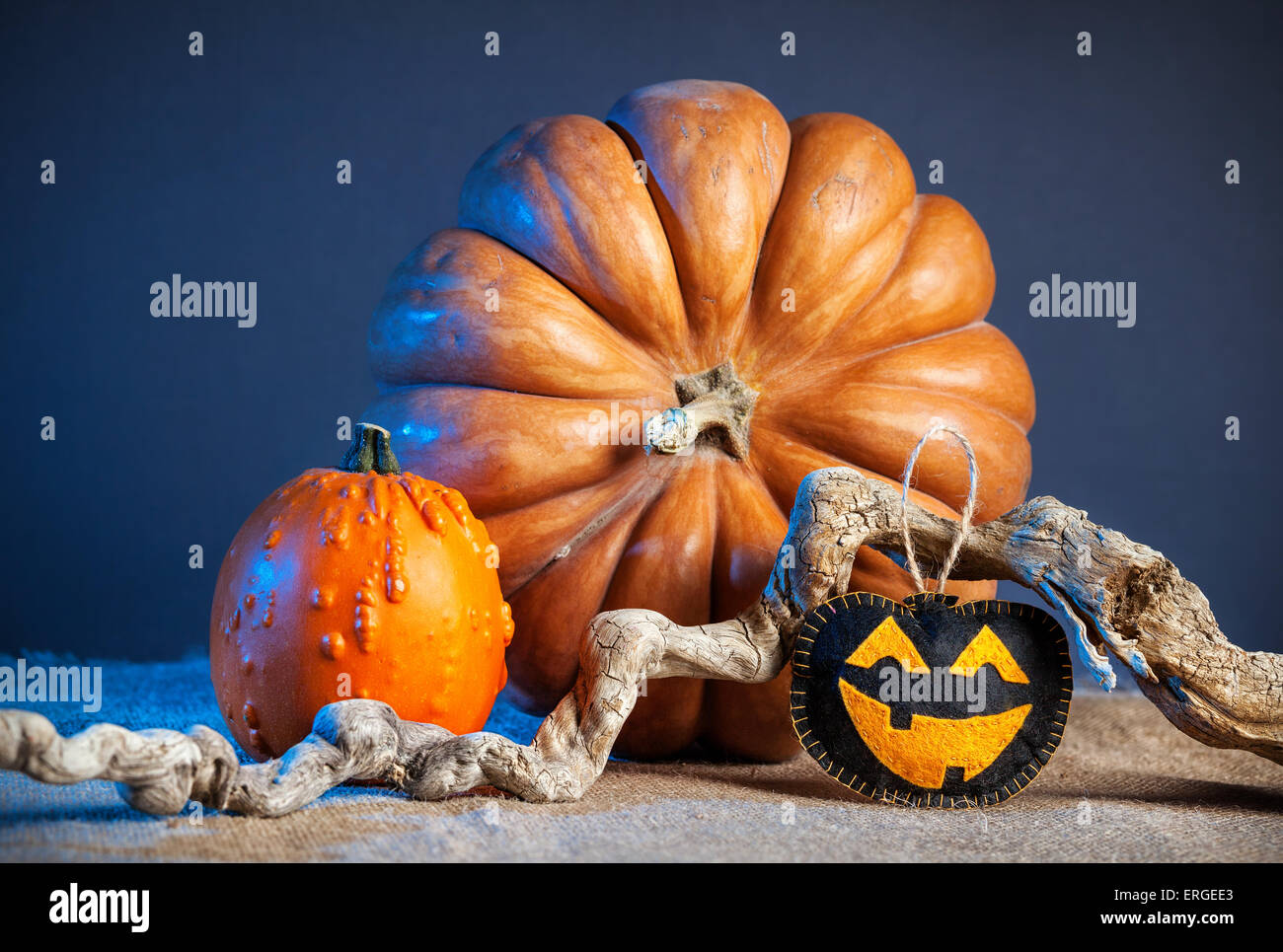 Geschnitzte Kürbis Spielzeug aus Filz und dekorative Kürbisse auf dem Tisch im Halloween-party Stockfoto