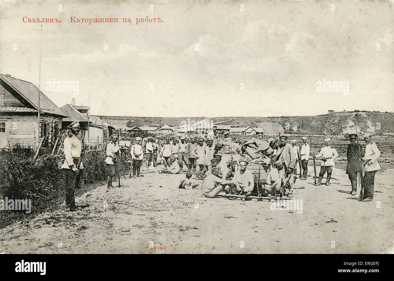 Russische Kriegsgefangene auf Sachalin, um 1900. Große Insel im Nordpazifik. Auch bekannt als Kuye, nördlich von Japan. Stockfoto