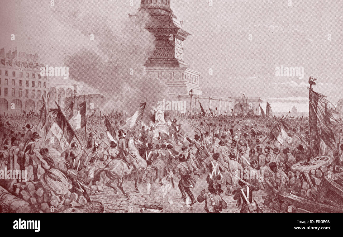 Französische Revolution von 1848 - Mob symbolisch verbrennen den Thron von Charles X Juli-Spalte auf der Place De La Bastille, Stockfoto