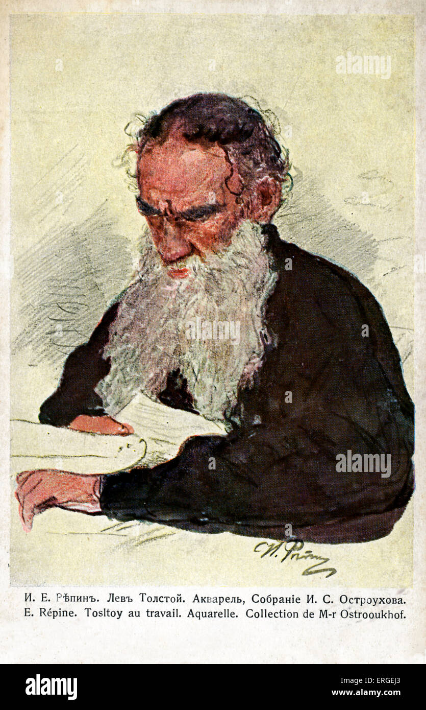 Leo Tolstoy bei der Arbeit - vom Aquarell von Ilja Jefimowitsch Repin LT: russische Schriftsteller, 9. September 1828 - 20. November 1910. IFR: 1844 – 29. September 1930 Stockfoto