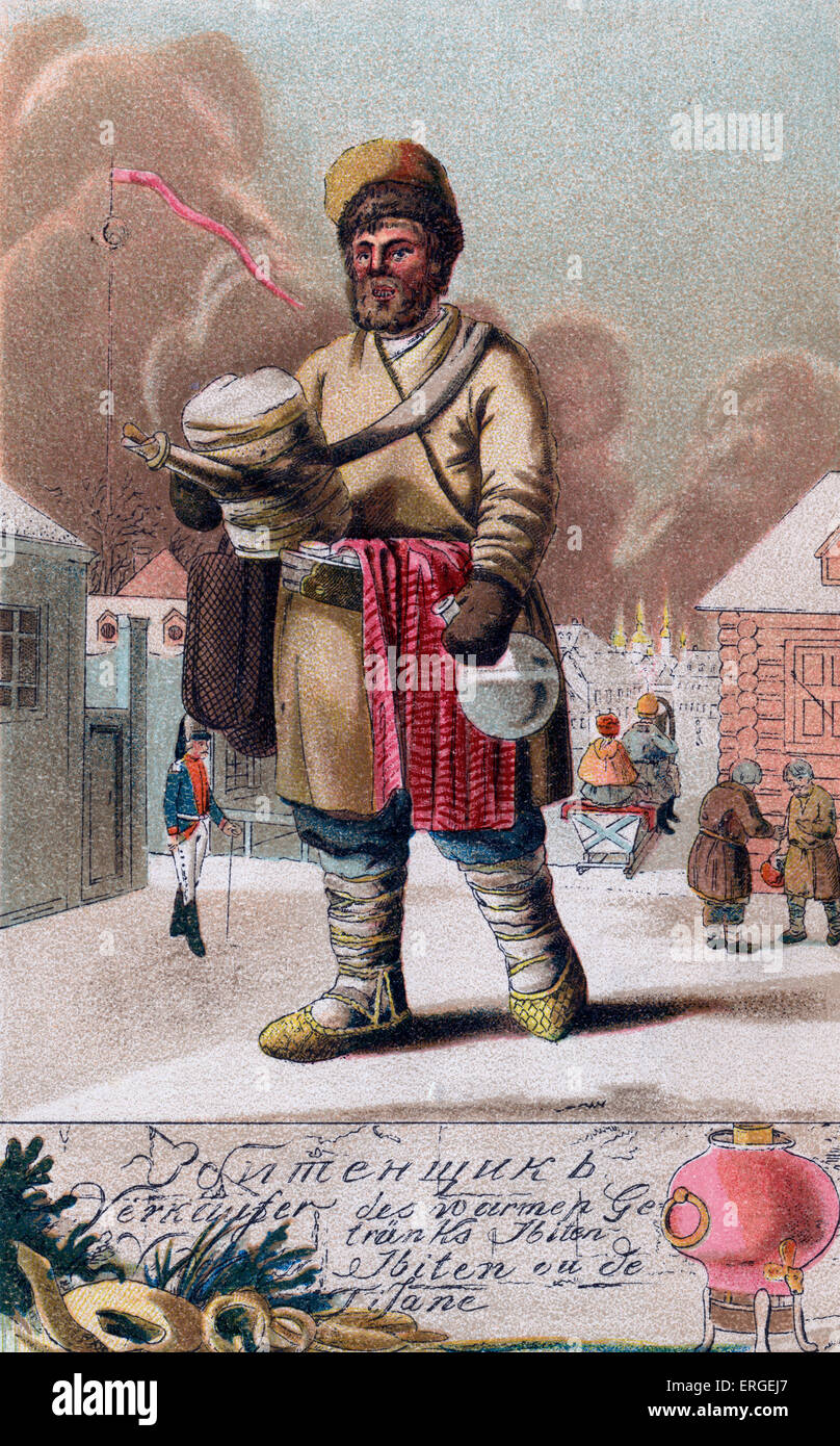 Straßenhändler verkaufen Sbiten trinken, Russland. Früher machte beliebte warmes Getränk aus Honig, Wasser, Fruchtsäfte und Gewürze. Stockfoto
